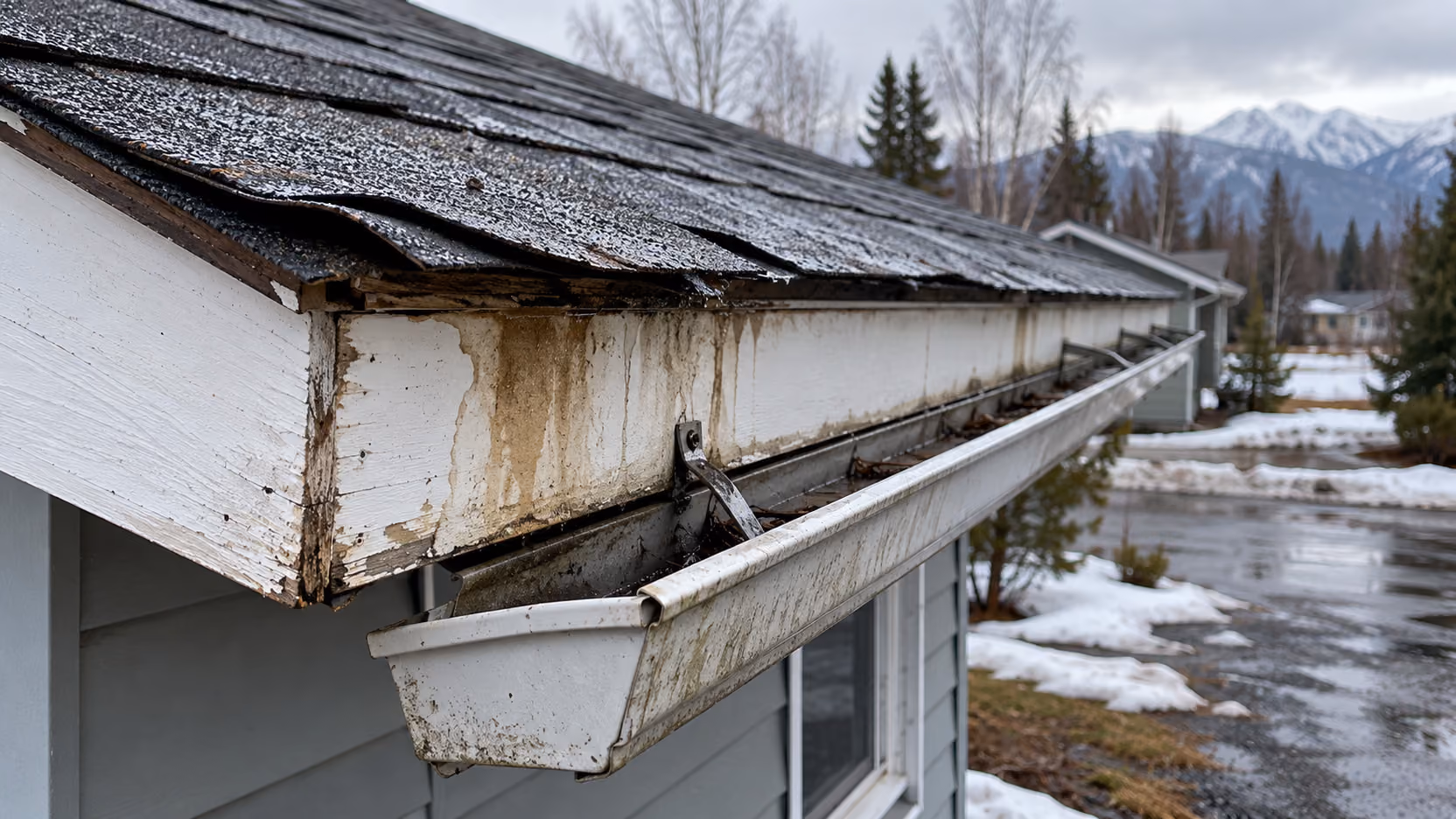 Lifted shingles, water-stained fascia, and a bent gutter at the eaves after breakup, mountains behind