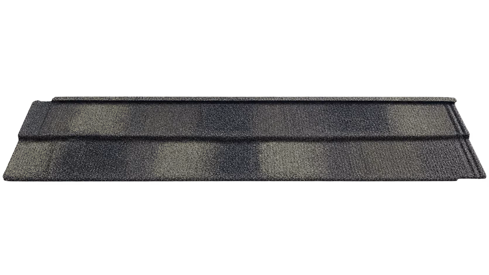 Single stone-coated steel shingle panel in a blended charcoal and green granule finish, showing the stepped profile and interlocking edges