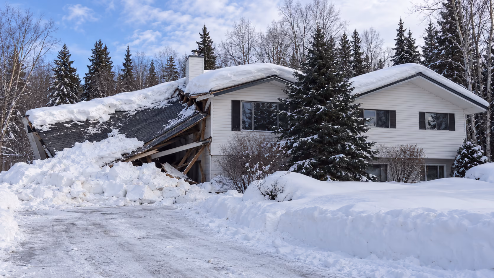 Roof collapsed under heavy snow load on a home surrounded by snow-covered spruce