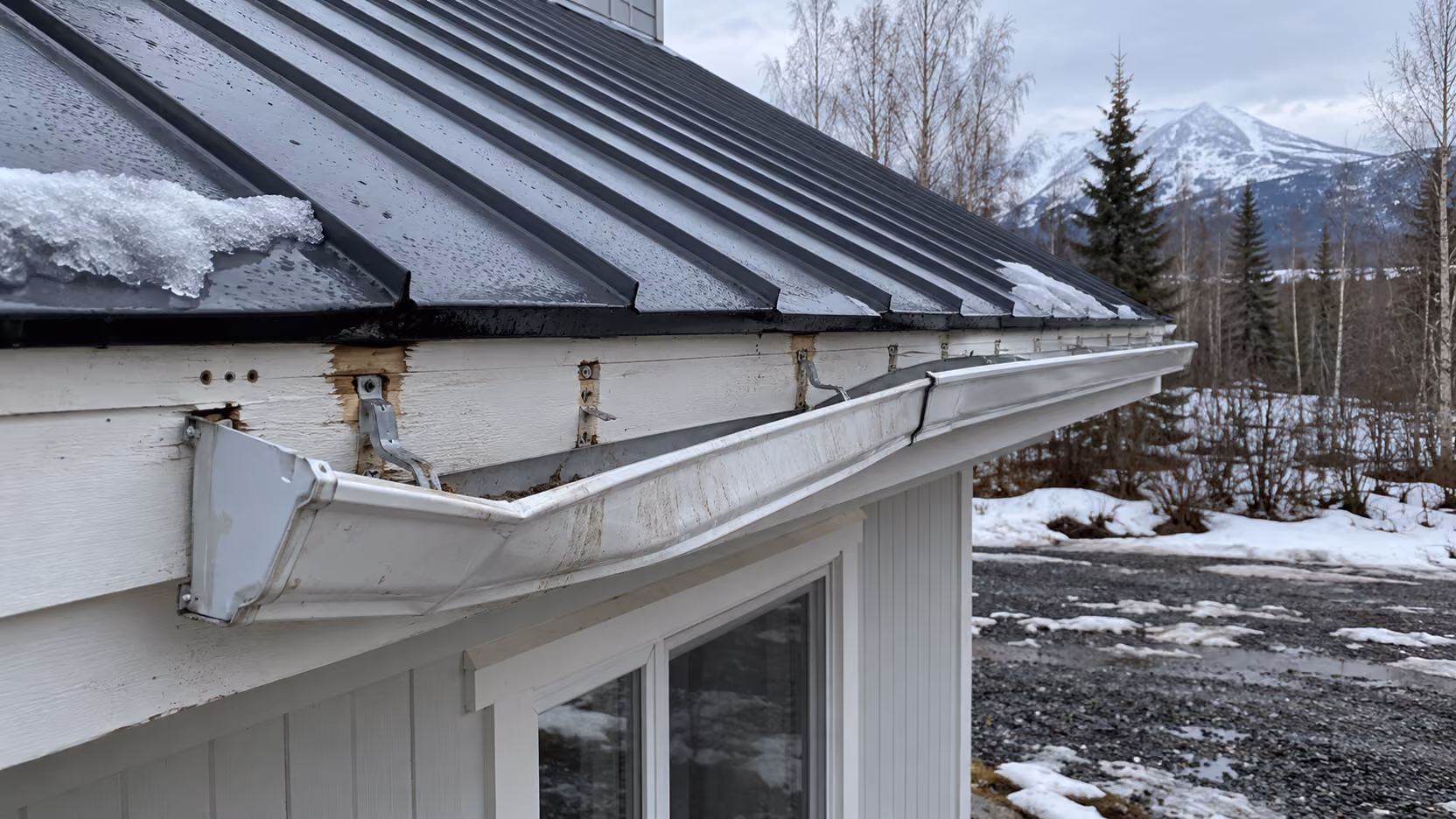 Gutter bent and pulled away from the fascia by sliding snow under a metal roof, Palmer