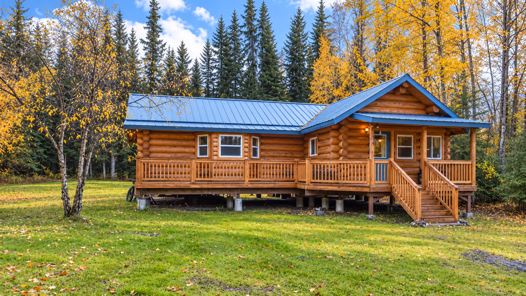 Log home with a blue standing seam metal roof and wraparound deck in fall birch