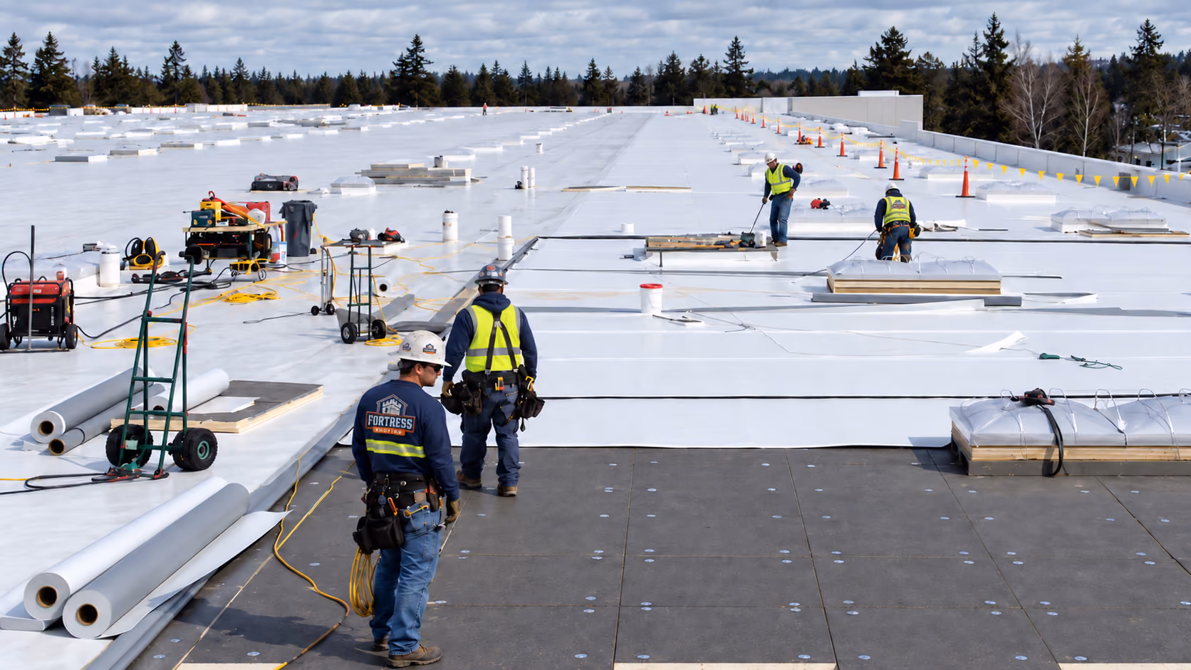 Fortress Roofing crew rolling out and welding white TPO membrane over cover board on a warehouse roof, Wasilla