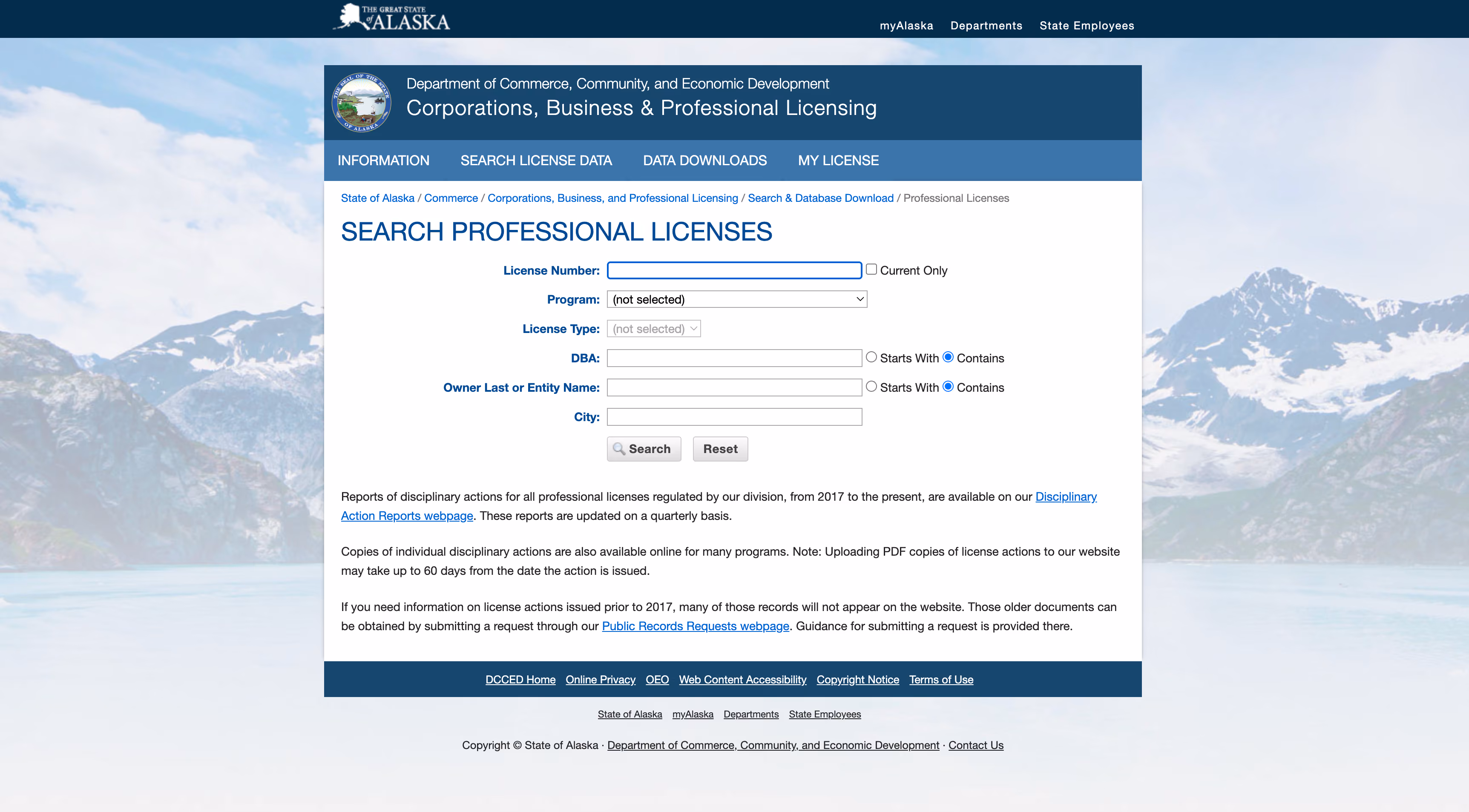State of Alaska Corporations, Business and Professional Licensing search page for looking up a professional license