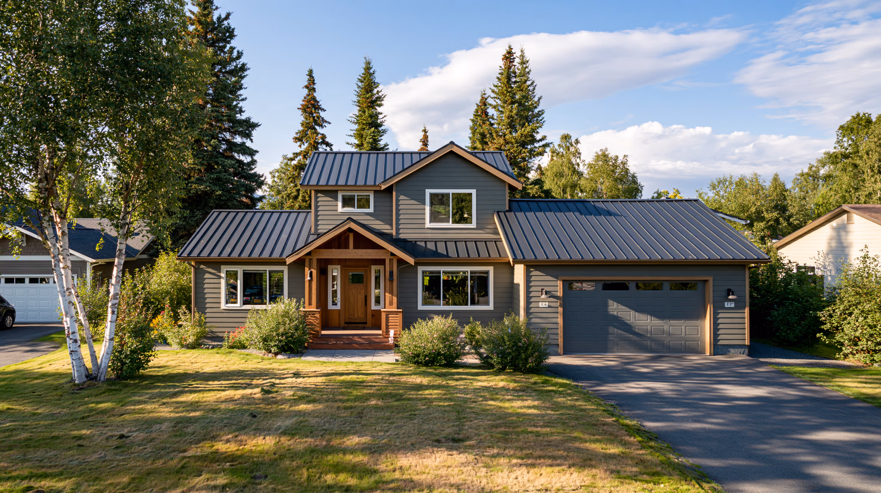 Two-story home with a charcoal standing seam metal roof, birch and spruce around it, summer