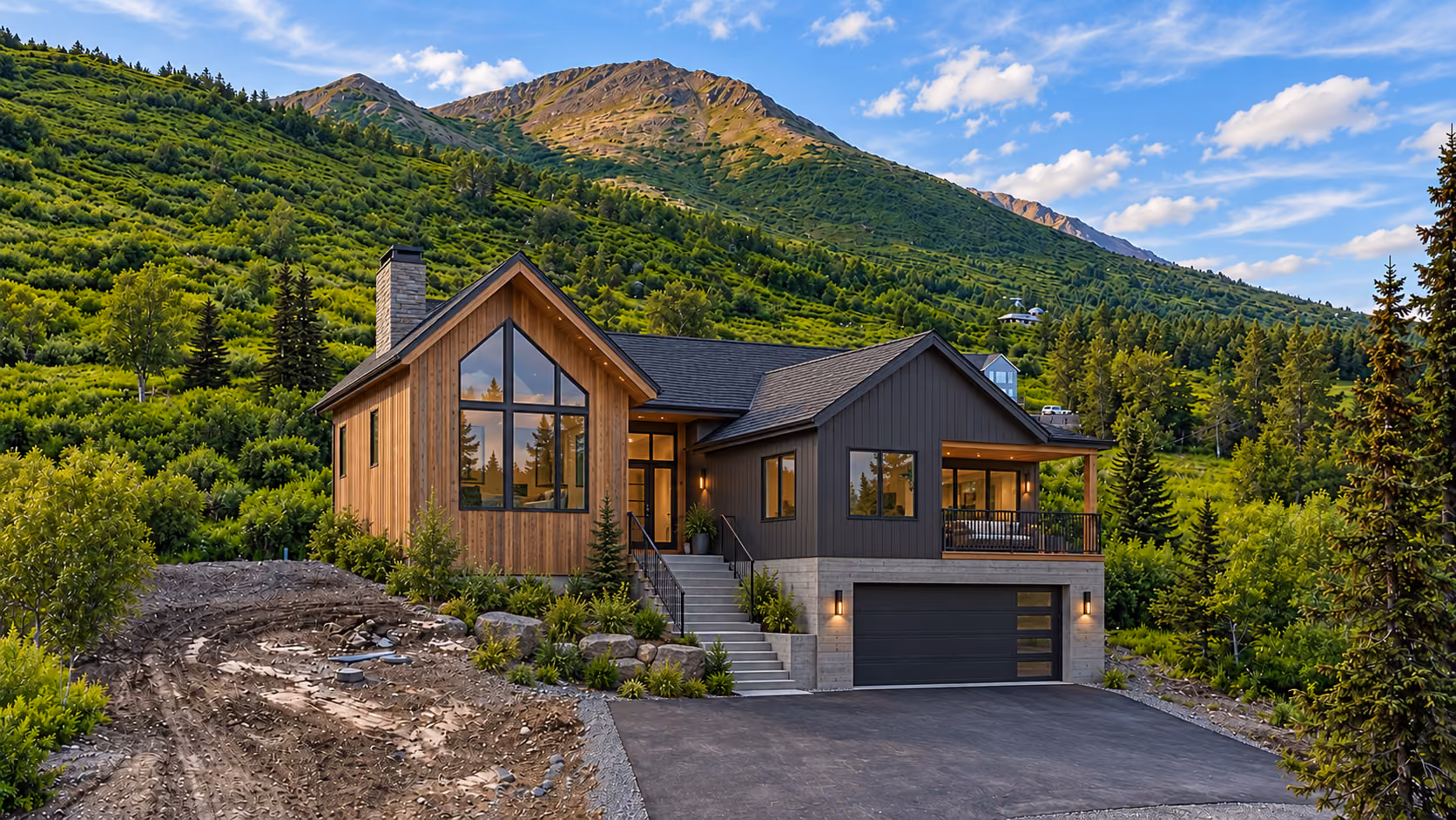 New Hillside home with a dark roof and cedar gable, Chugach foothills rising behind