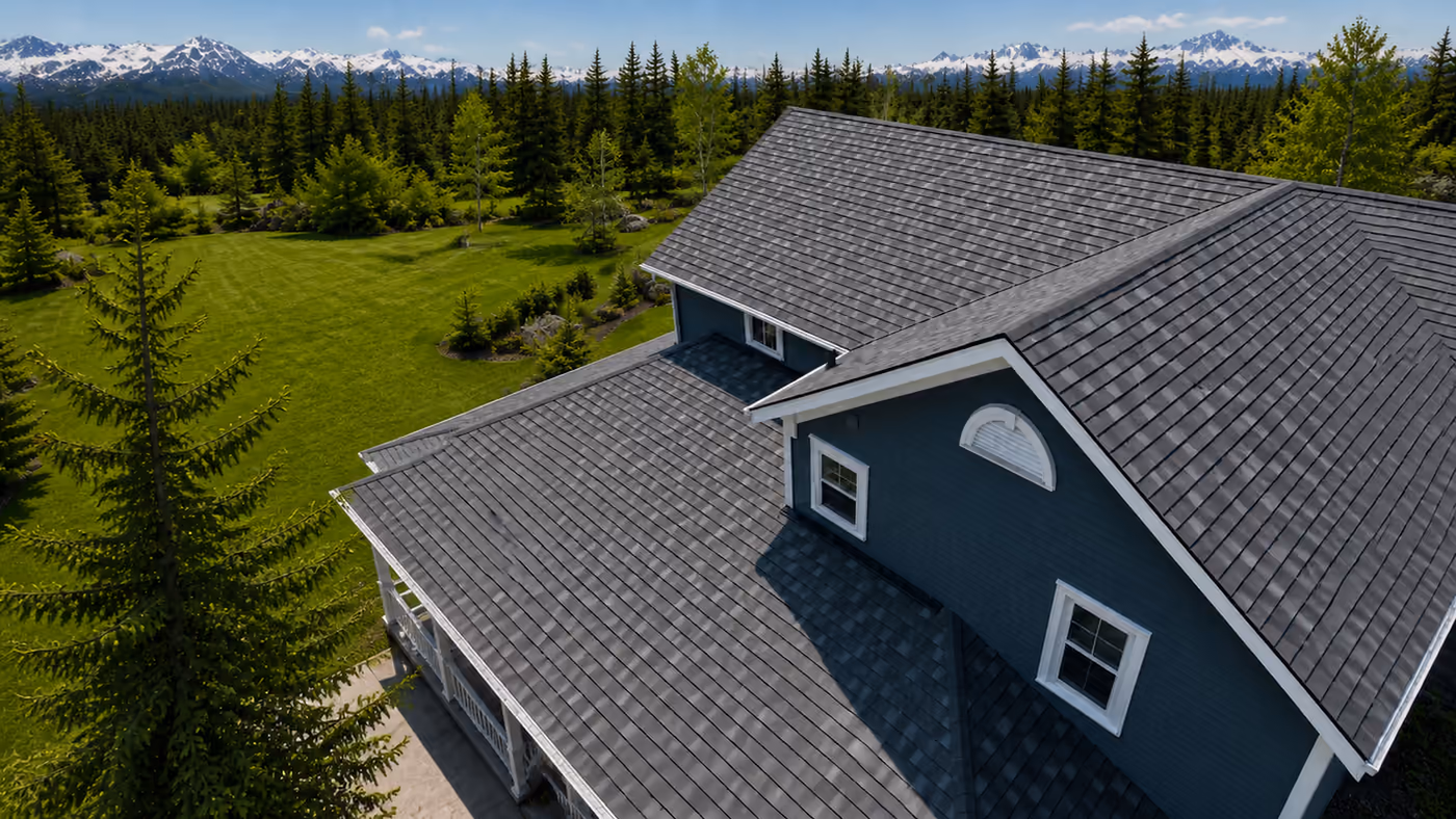 Stone-coated metal shingle roof on a home near Anchorage, Alaska
