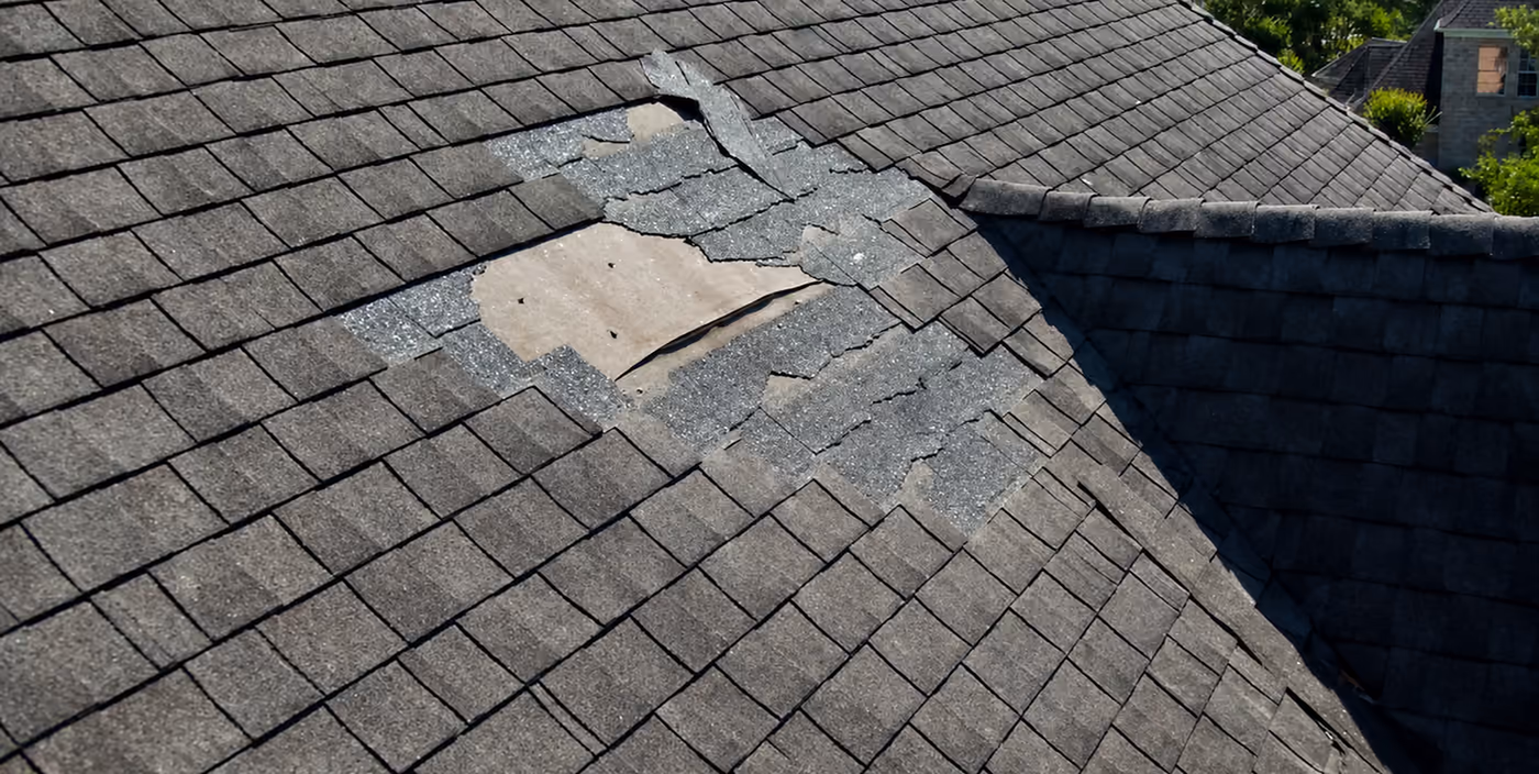 Damaged asphalt shingles on a roof awaiting repair